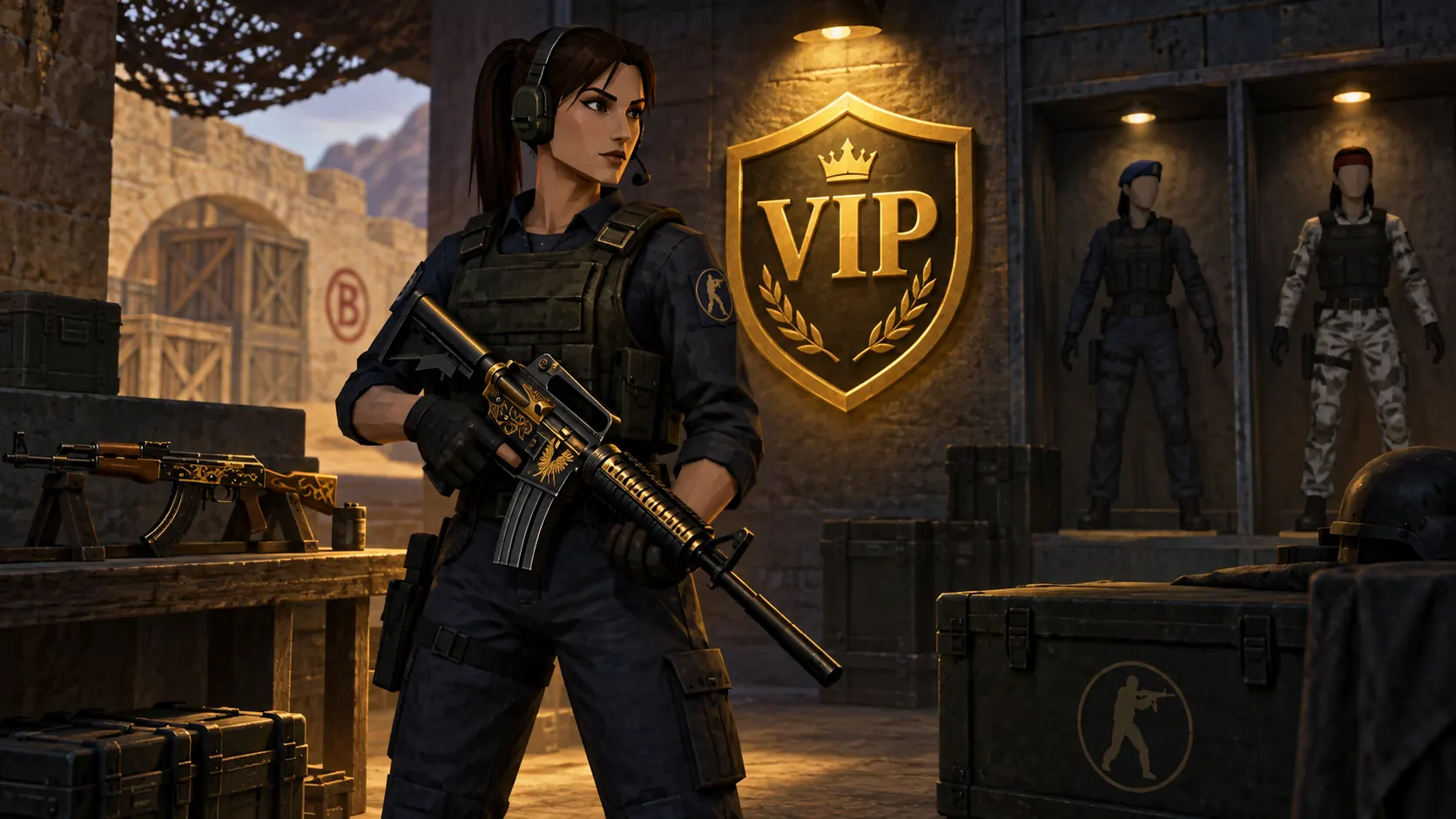 Иллюстрация CS 1.6: женский игровой персонаж с эмблемой VIP и отдельными моделями.